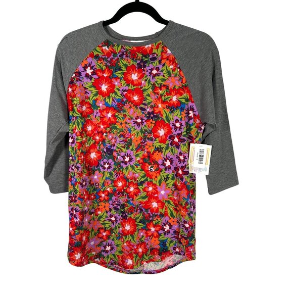 LuLaRoe RANDY Hawaiian Hibiscus Flower Purple Gray Raglan Tee Shirt SMALL S - Picture 1 of 6